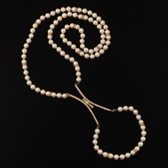 Ladies' Gold, Pearl, Color Diamond and Diamond Necklace