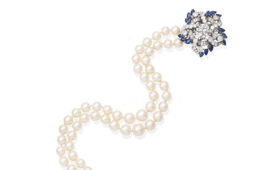 A cultured pearl necklace with a sapphire and diamond clasp/brooch,, circa 1960