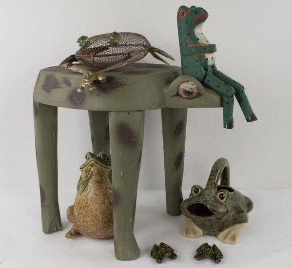 7 Pottery, Wood, Metal Frog Figures