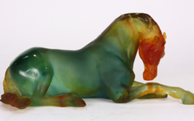 Daum France Pate De Verre Jument Au Repos figural sculpture of a horse, executed in green to amber, depicted in a recumbent pose, wi...