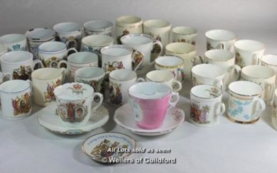 A group of commemorative wares including two enamel beakers for Victoria and one for George V, two moustache cups and saucers,...