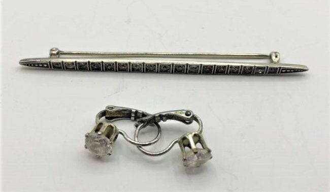 .925 Sterling Bar Pin with CZs & Costume CZ Earrings