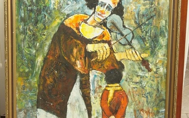 A 1950S RETRO OIL PAINTING OF CLOWN PLAYING VIOLIN TO A BOY, SIGNED THOMPSON 67 X 56CM