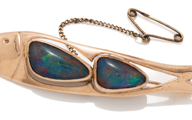 A 9CT GOLD OPAL FISH BROOCH; set with 2 sail...