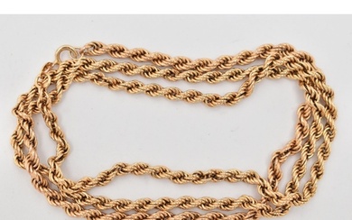 A 9CT GOLD ROPE TWIST CHAIN NECKLACE, hollow links, fitted w...