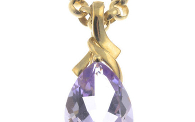 A 9ct gold amethyst pendant, with belcher-link chain.