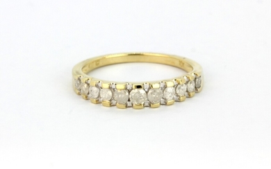 A 9ct yellow gold diamond set half eternity ring, (O).