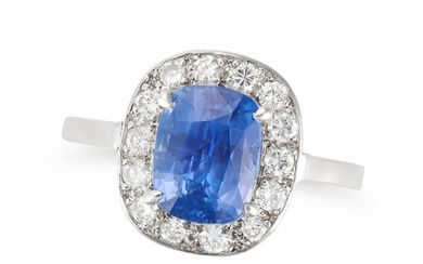 A CEYLON NO HEAT SAPPHIRE AND DIAMOND RING set with a cushion cut sapphire of approximately 3.00