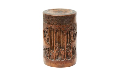 A CHINESE BAMBOO 'SEVEN SAGES' BRUSH POT AND COVER 清十九世紀 竹雕竹林七賢筆筒連蓋