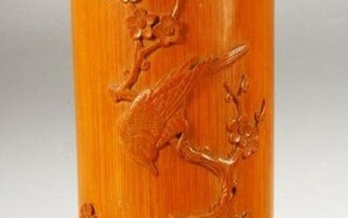 A CHINESE CARVED BAMBOO BRUSH POT - decorated with