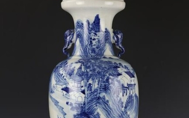 A Chinese Blue and White Landscape Figure Vase with