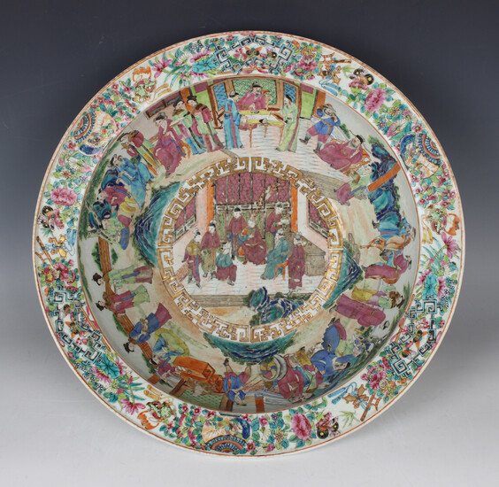A Chinese Canton famille rose porcelain circular basin, mid-19th century, the interior painted with