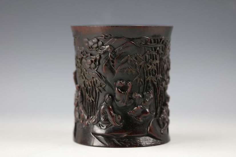 A Chinese Hard Wood Carved Brush Pot