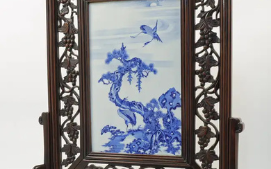 A Chinese blue and white 'cranes' table screen, Republic period Finely painted...