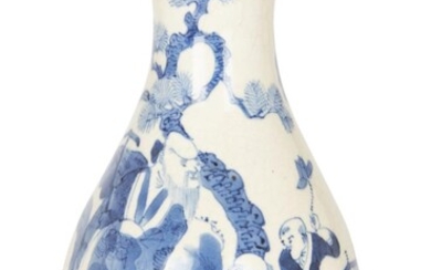 A Chinese blue and white 'scholar and boy' pear-shaped vase, yuhuchunping, 19th century, painted with two boys releasing a bat from vase besides an old man under pine tree, on a creamy crackle glaze, with blue and white six-character apocryphal...