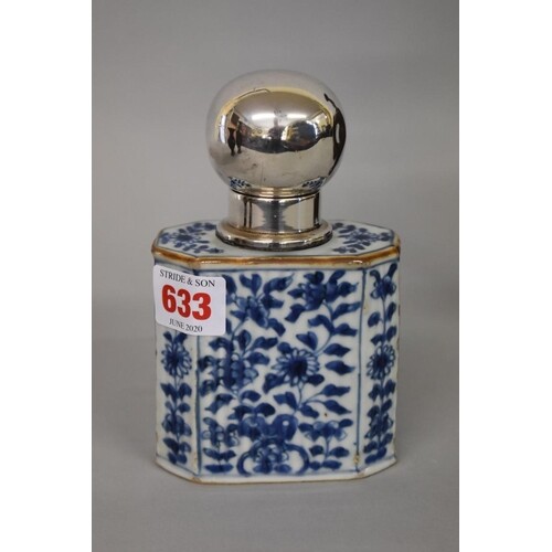 A Chinese blue and white tea canister and white metal cover,...