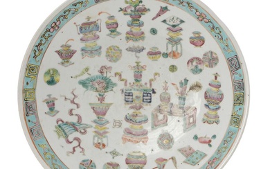 A Chinese enamelled porcelain dish painted with vases and flower emblems, late...