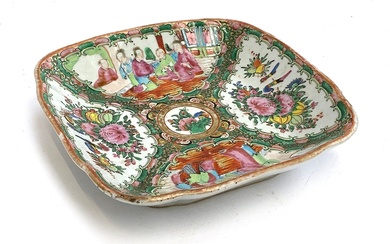 A Chinese famille rose dish of square form, four panels depi...