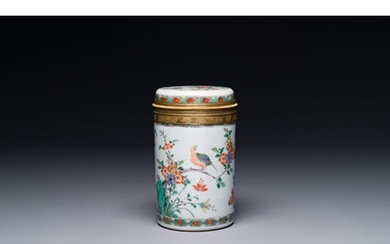 A Chinese famille verte cylindrical box and cover with gilt ...