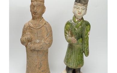 A Chinese grey pottery figure, Han dynasty, and a green glaz...
