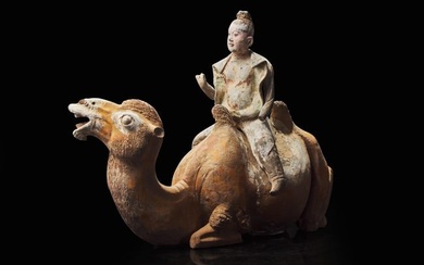 A Chinese painted pottery figure of a camel and rider, Tang dynasty 彩陶駱駝