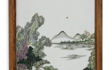 A Chinese porcelain plaque decorated in colours with riverscape with figures, boats, gardens and architecture. Republic 1912–49. 37×24 cm.