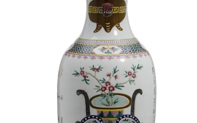 A Chinese porcelain vase, decorated in overglaze colours with censers and vases...