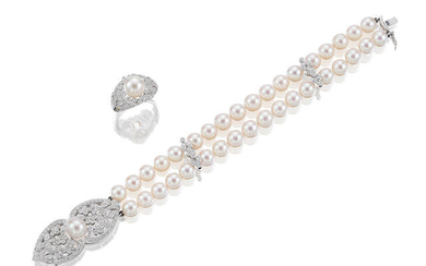 A Cultured Pearl and Diamond Bracelet and Ring Suite