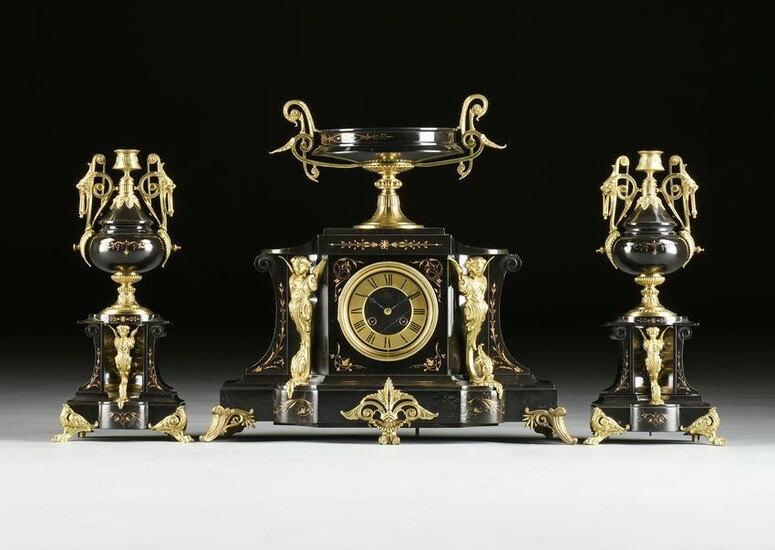 A FRENCH NEO-GREC ORMOLU MOUNTED BLACK MARBLE MANTLE