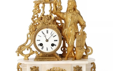 SOLD. A French gilt zink and alabaster figural mantel clock, white enamel dial. Late 19th century. H. 33 cm. W. 35 cm. D. 11 cm. – Bruun Rasmussen Auctioneers of Fine Art