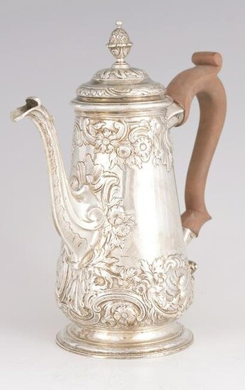 A GEORGE II SILVER COFFEE POT with pineapple finial to
