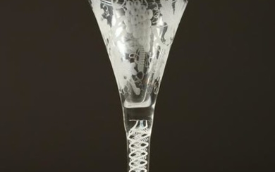 A GEORGIAN WINE GLASS with tapering bowl engraved with