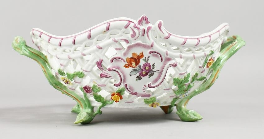 A GOOD MEISSEN OVAL PIERCED TWO-HANDLED BASKET, painted