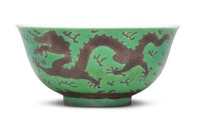 A GREEN AND AUBERGINE-GLAZED 'DRAGON' BOWL Daoguang seal mark and...