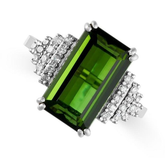A GREEN TOURMALINE AND DIAMOND RING set with a step cut