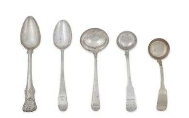 A Group of English Silver Serving Spoons and Ladles