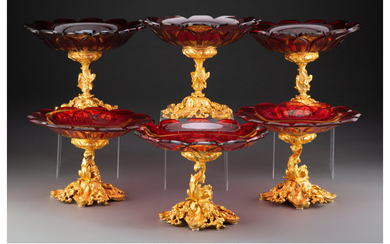 A Group of Six Continental Figural Gilt Bronze and Ruby Glass Figural Compotes (19th century)