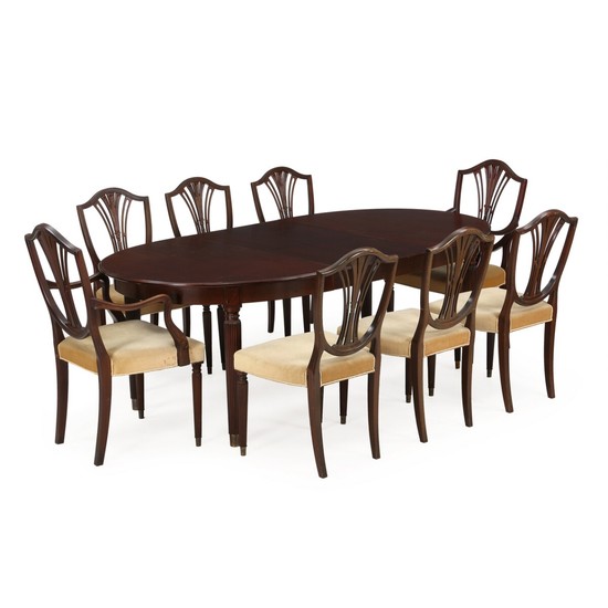 A Hepplewhite style mahogany dining room suite, consisting of an extension table and eight chairs. Late 20th century. Table H. 75. L. 155/216. D. 116. (10).