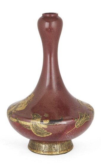 A Japanese Monochrome Garlic Head Vase, Meiji Period, flared body decorated finely with gilt fans and scrolling ribbon, 31cm high
