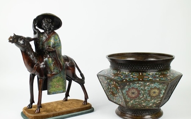 A Japanese champlevé cachepot and horse rider