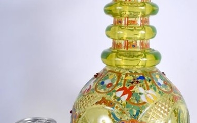 A LARGE ANTIQUE BOHEMIAN GREEN GLASS DECANTER enamelled