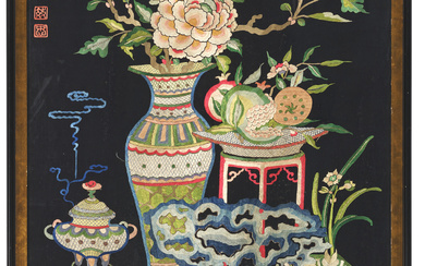 A LARGE EMBROIDERED BLUE-GROUND SILK PANEL CHINA, LATE QING DYNASTY