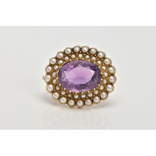A LATE 19TH EARLY 20TH CENTURY AMETHYST AND SEED PEARL BROOC...