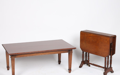 A LATE VICTORIAN WALNUT DROP LEAF SUTHERAND TABLE AND A MAHOGANY COFFEE TABLE (2).