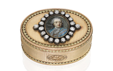 A LOUIS XV VARI-COLOUR GOLD SNUFF-BOX SET WITH A PORTRAIT MINIATURE BY MELCHIOR-RENÉ BARRÉ (FL. 1768-1791), MARKED, PARIS, 1771/72, WITH THE CHARGE AND DECHARGE MARKS OF JULIEN ALATERRE 1768-1774; THE MINIATURE BY JEAN-DANIEL WELPER (1730-1789)