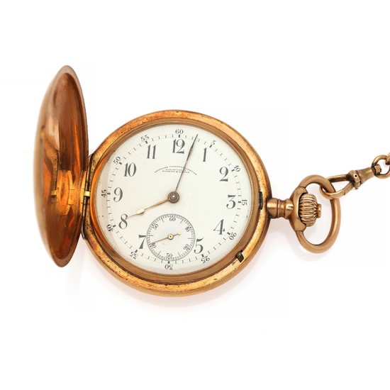 A. Lange & Söhne, Deutsche Uhrenfabrikation, Glashütte I/S, 14k gold hunter case pocket watch. 1905–1910. Together with a 14k gold watch chain. (2)