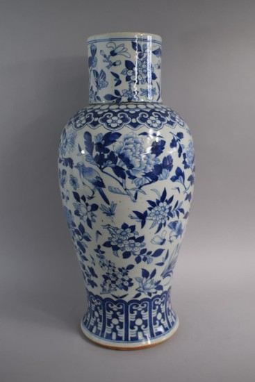 A Large Oriental Blue and White Vase Decorated with Birds, I...