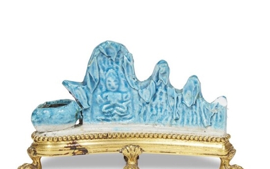 A Louis XIV ormolu-mounted turquoise-glazed porcelain brush holder and...