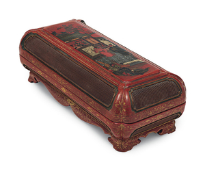 A PAINTED AND GILT-DECORATED RED LACQUER RECTANGULAR BOX AND COVER, CHINA, 17TH CENTURY
