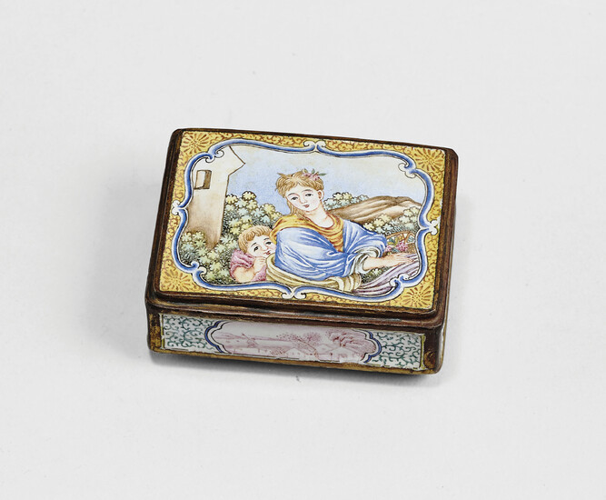 A PAINTED ENAMEL ‘EUROPEAN FIGURES’ SNUFF BOX AND COVER
